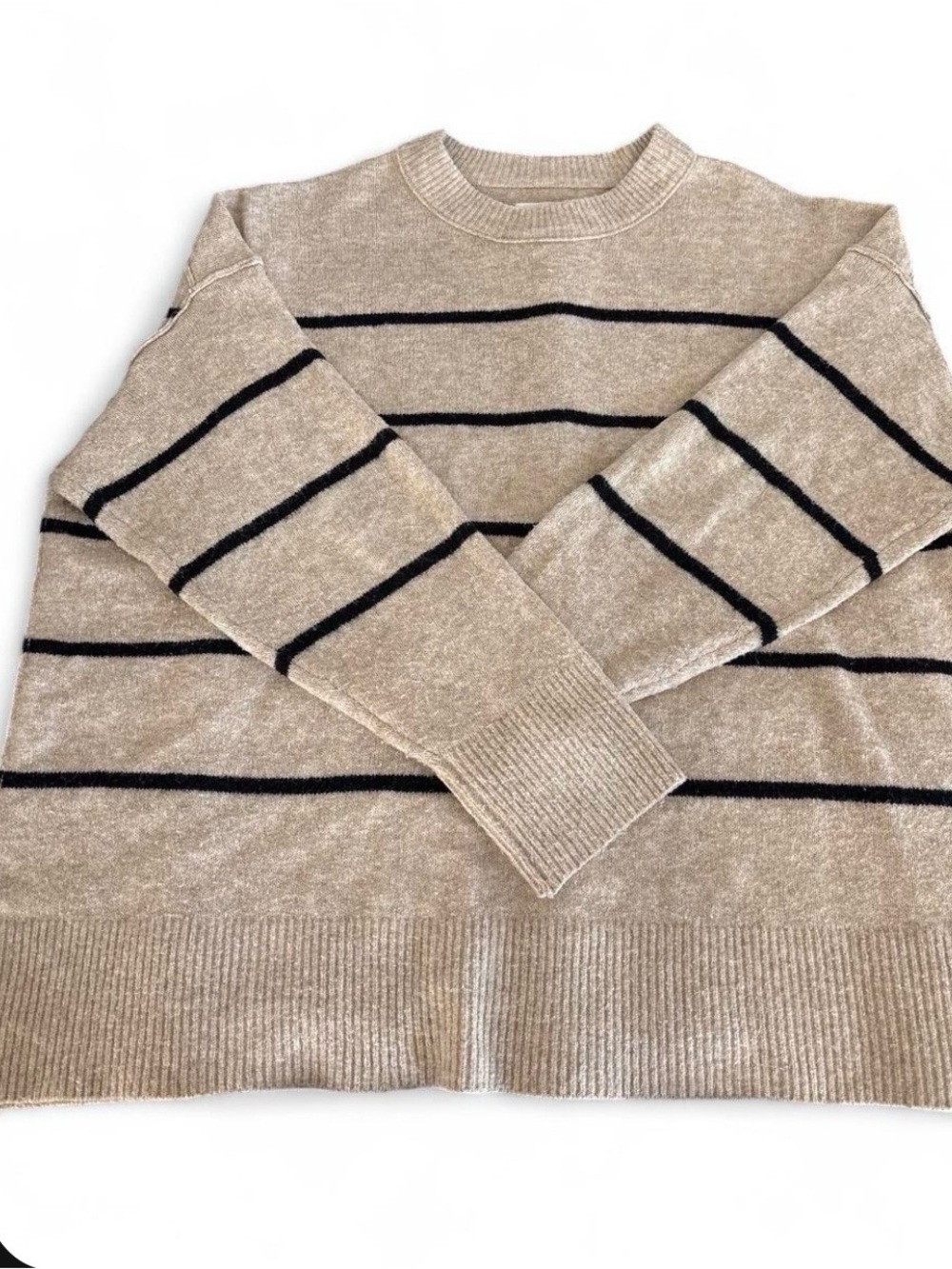 aerie Beige Crewneck Sweater with Black Stripes